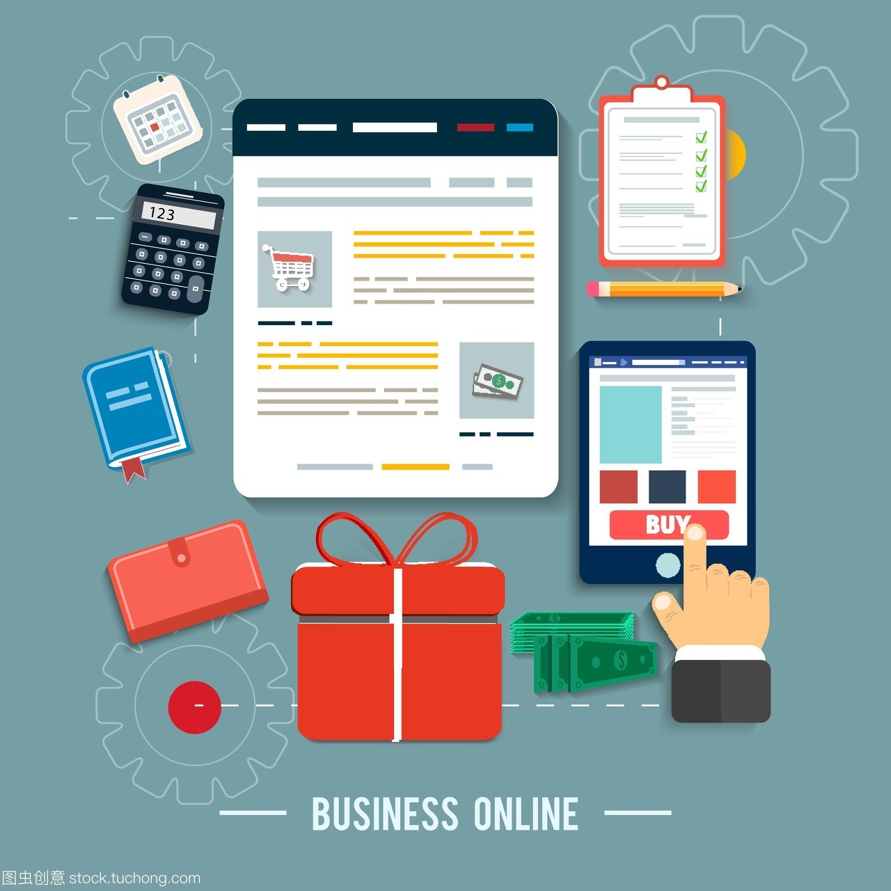 業(yè)務網(wǎng)絡圖標。在平面設計中通過網(wǎng)上商店和電子商務思想符號和購物元素購買產(chǎn)品圖標的海報概念